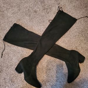 Black Velour/ Faux Suede Thigh High Boot